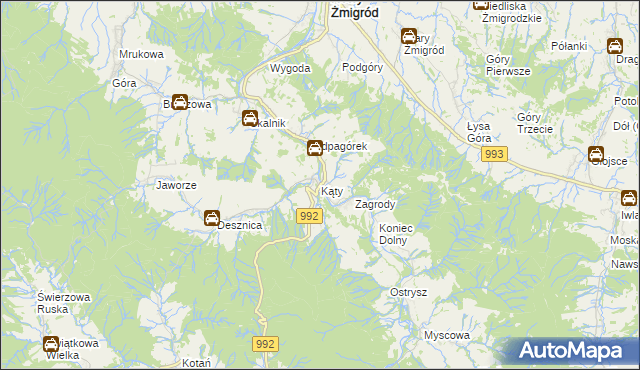 mapa Kąty gmina Nowy Żmigród, Kąty gmina Nowy Żmigród na mapie Targeo