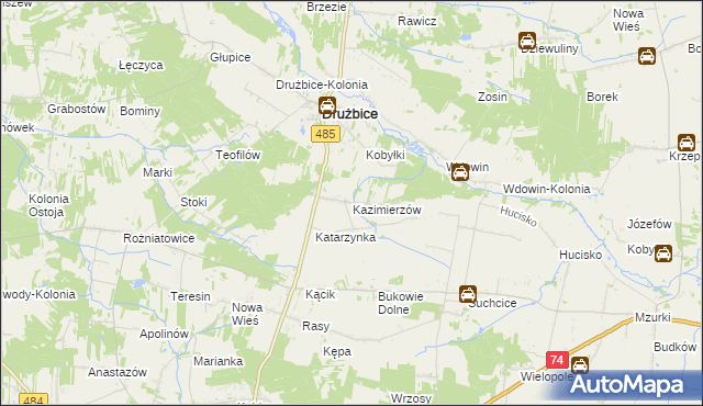 mapa Kazimierzów gmina Drużbice, Kazimierzów gmina Drużbice na mapie Targeo