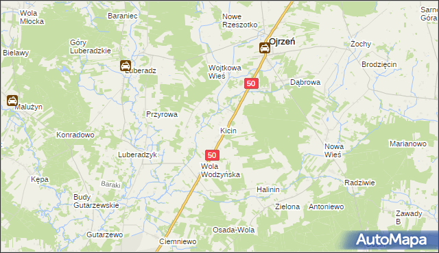 mapa Kicin gmina Ojrzeń, Kicin gmina Ojrzeń na mapie Targeo