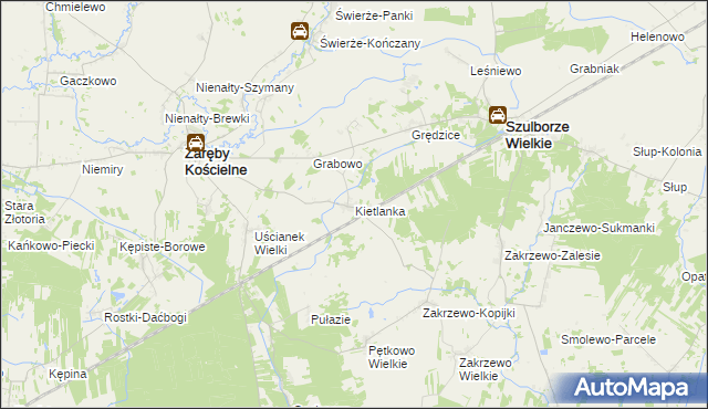 mapa Kietlanka gmina Zaręby Kościelne, Kietlanka gmina Zaręby Kościelne na mapie Targeo