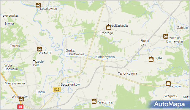 mapa Klementynów gmina Niedźwiada, Klementynów gmina Niedźwiada na mapie Targeo