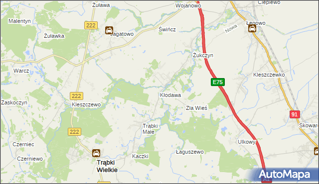 mapa Kłodawa gmina Trąbki Wielkie, Kłodawa gmina Trąbki Wielkie na mapie Targeo