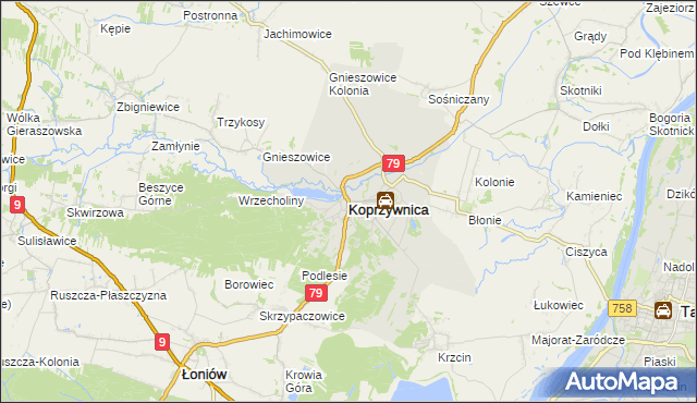 mapa Koprzywnica powiat sandomierski, Koprzywnica powiat sandomierski na mapie Targeo