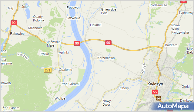 mapa Korzeniewo gmina Kwidzyn, Korzeniewo gmina Kwidzyn na mapie Targeo