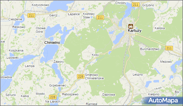 mapa Kosy gmina Kartuzy, Kosy gmina Kartuzy na mapie Targeo