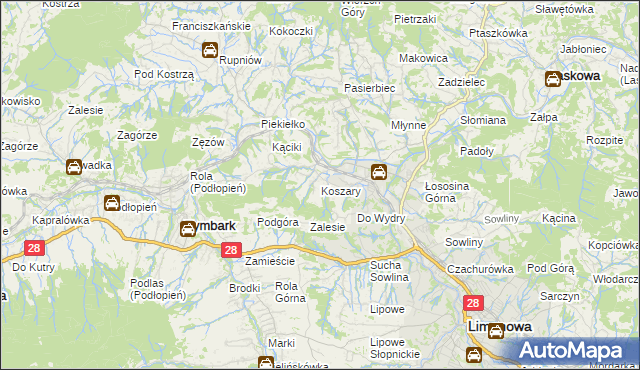 mapa Koszary gmina Limanowa, Koszary gmina Limanowa na mapie Targeo