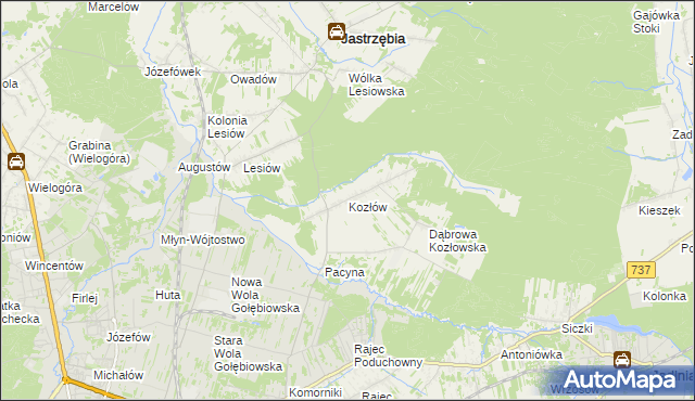 mapa Kozłów gmina Jastrzębia, Kozłów gmina Jastrzębia na mapie Targeo