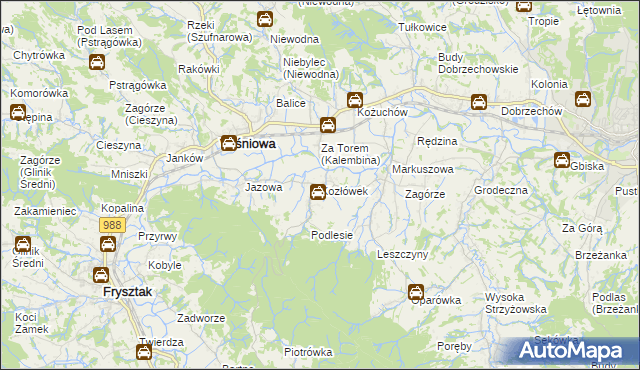 mapa Kozłówek gmina Wiśniowa, Kozłówek gmina Wiśniowa na mapie Targeo