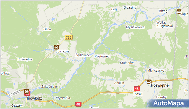 mapa Kozłowiec gmina Poświętne, Kozłowiec gmina Poświętne na mapie Targeo