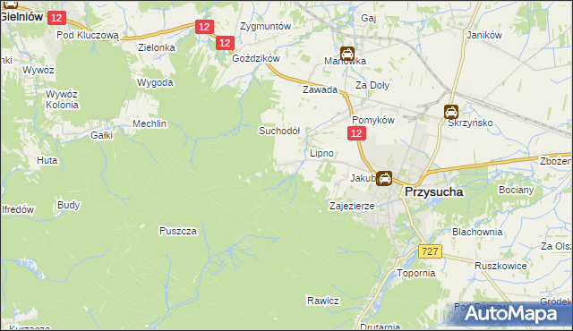 mapa Kozłowiec gmina Przysucha, Kozłowiec gmina Przysucha na mapie Targeo