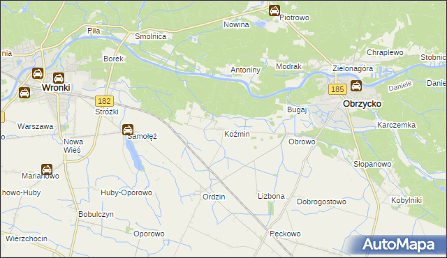 mapa Koźmin gmina Obrzycko, Koźmin gmina Obrzycko na mapie Targeo