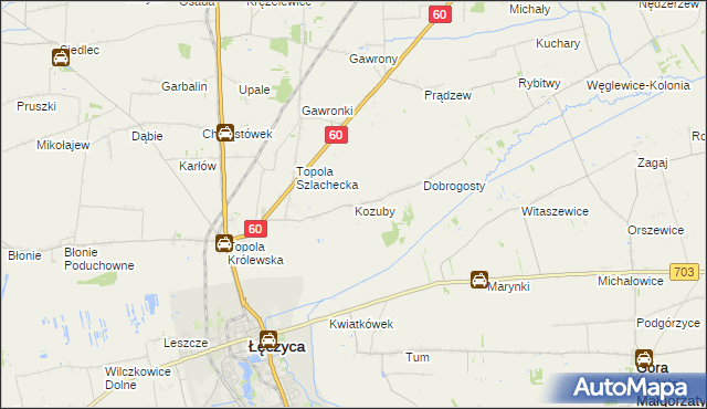 mapa Kozuby gmina Łęczyca, Kozuby gmina Łęczyca na mapie Targeo