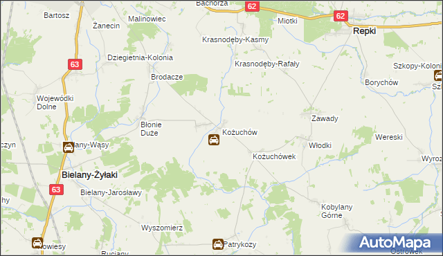 mapa Kożuchów gmina Bielany, Kożuchów gmina Bielany na mapie Targeo