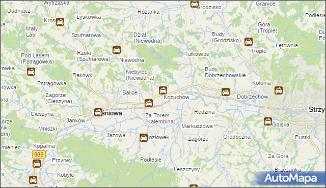 mapa Kożuchów gmina Wiśniowa, Kożuchów gmina Wiśniowa na mapie Targeo