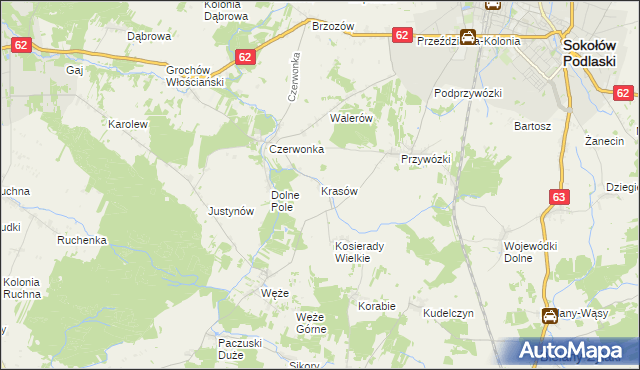 mapa Krasów gmina Sokołów Podlaski, Krasów gmina Sokołów Podlaski na mapie Targeo