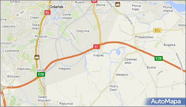 mapa Krępiec gmina Pruszcz Gdański, Krępiec gmina Pruszcz Gdański na mapie Targeo
