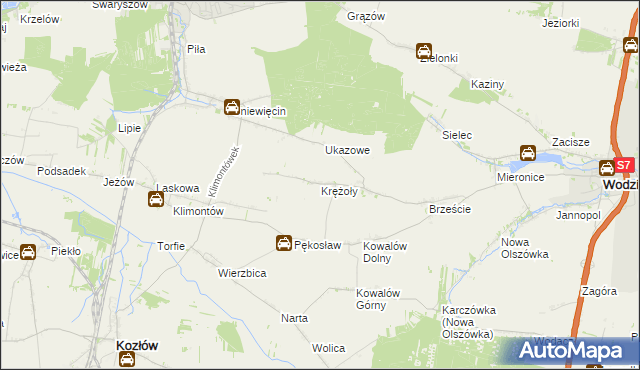 mapa Krężoły gmina Wodzisław, Krężoły gmina Wodzisław na mapie Targeo