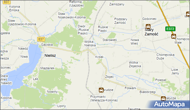 mapa Krzak gmina Nielisz, Krzak gmina Nielisz na mapie Targeo