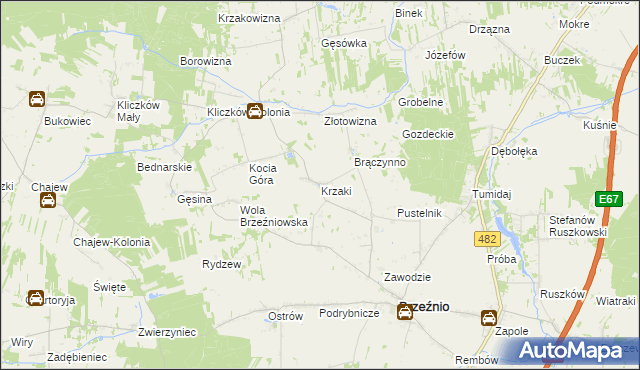 mapa Krzaki gmina Brzeźnio, Krzaki gmina Brzeźnio na mapie Targeo