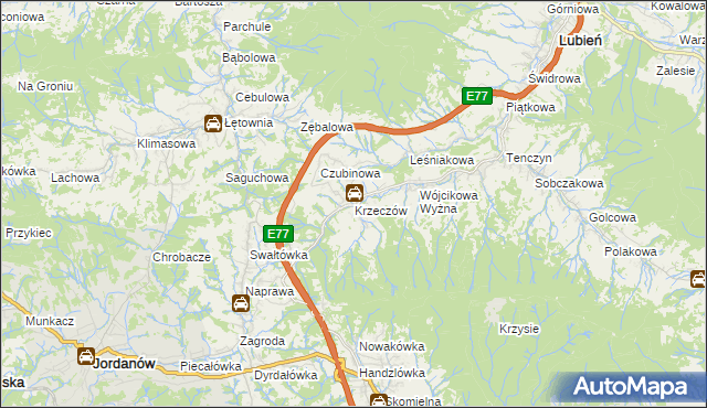 mapa Krzeczów gmina Lubień, Krzeczów gmina Lubień na mapie Targeo