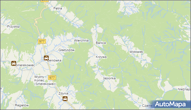 mapa Krzywa gmina Sękowa, Krzywa gmina Sękowa na mapie Targeo