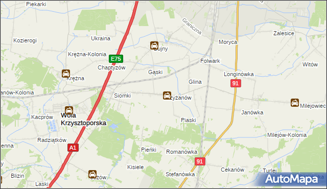 mapa Krzyżanów gmina Wola Krzysztoporska, Krzyżanów gmina Wola Krzysztoporska na mapie Targeo