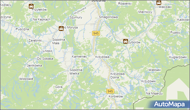 mapa Krzyżowa gmina Jeleśnia, Krzyżowa gmina Jeleśnia na mapie Targeo