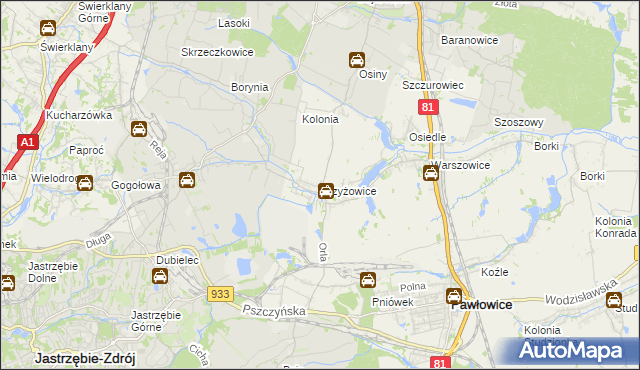 mapa Krzyżowice gmina Pawłowice, Krzyżowice gmina Pawłowice na mapie Targeo