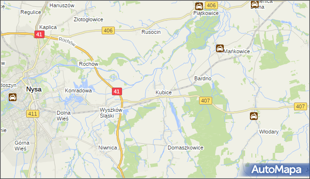 mapa Kubice gmina Nysa, Kubice gmina Nysa na mapie Targeo