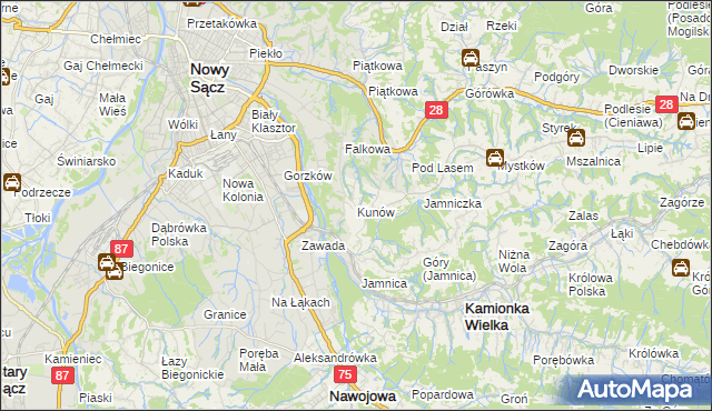 mapa Kunów gmina Chełmiec, Kunów gmina Chełmiec na mapie Targeo