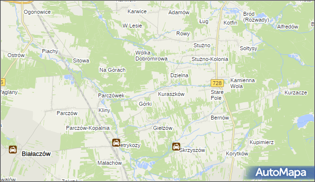 mapa Kuraszków gmina Białaczów, Kuraszków gmina Białaczów na mapie Targeo