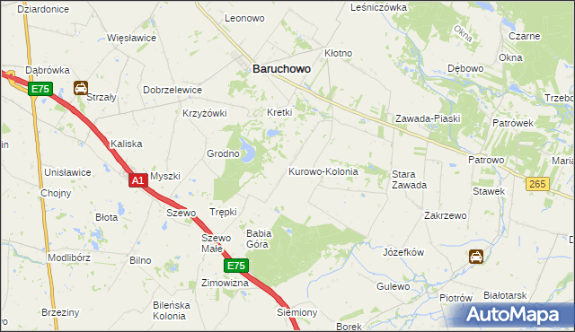 mapa Kurowo-Kolonia gmina Baruchowo, Kurowo-Kolonia gmina Baruchowo na mapie Targeo