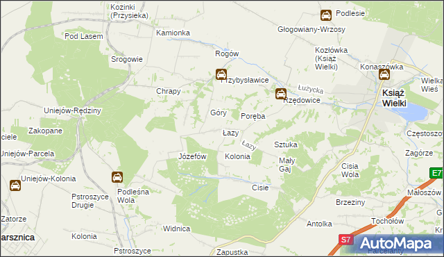 mapa Łazy gmina Książ Wielki, Łazy gmina Książ Wielki na mapie Targeo