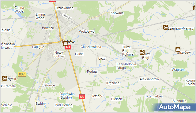 mapa Łazy gmina Łuków, Łazy gmina Łuków na mapie Targeo