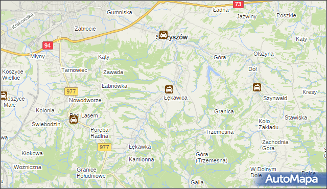 mapa Łękawica gmina Skrzyszów, Łękawica gmina Skrzyszów na mapie Targeo