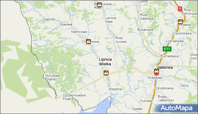 mapa Lipnica Wielka powiat nowotarski, Lipnica Wielka powiat nowotarski na mapie Targeo