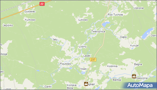 mapa Łosiny gmina Tuchola, Łosiny gmina Tuchola na mapie Targeo