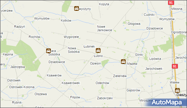 mapa Łubno gmina Daszyna, Łubno gmina Daszyna na mapie Targeo