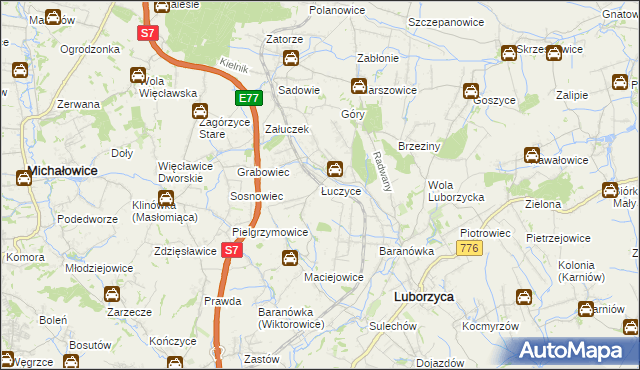 mapa Łuczyce gmina Kocmyrzów-Luborzyca, Łuczyce gmina Kocmyrzów-Luborzyca na mapie Targeo