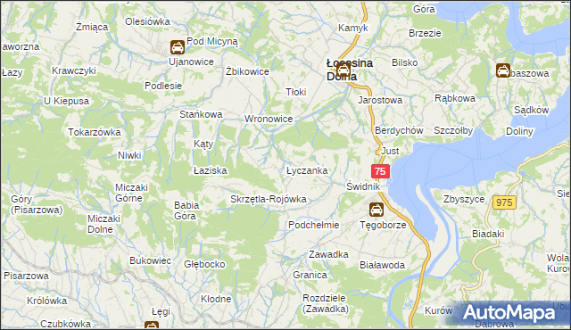 mapa Łyczanka gmina Łososina Dolna, Łyczanka gmina Łososina Dolna na mapie Targeo