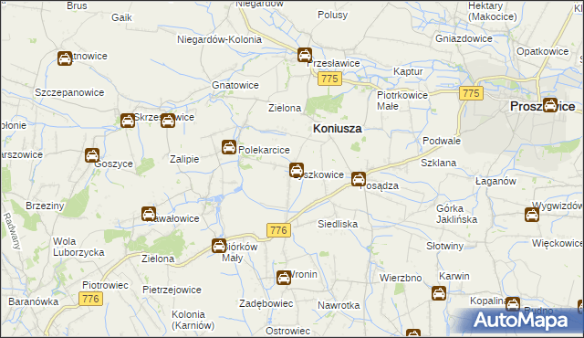 mapa Łyszkowice gmina Koniusza, Łyszkowice gmina Koniusza na mapie Targeo