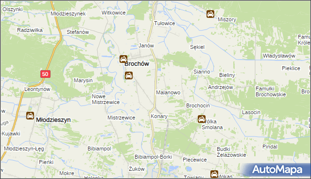 mapa Malanowo gmina Brochów, Malanowo gmina Brochów na mapie Targeo