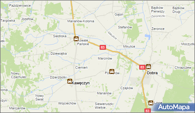 mapa Marcinów gmina Kawęczyn, Marcinów gmina Kawęczyn na mapie Targeo