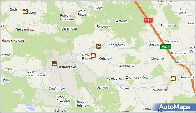 mapa Melanów gmina Łaskarzew, Melanów gmina Łaskarzew na mapie Targeo