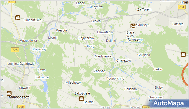 mapa Miedzianka gmina Chęciny, Miedzianka gmina Chęciny na mapie Targeo