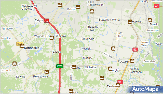 mapa Młynek gmina Poczesna, Młynek gmina Poczesna na mapie Targeo