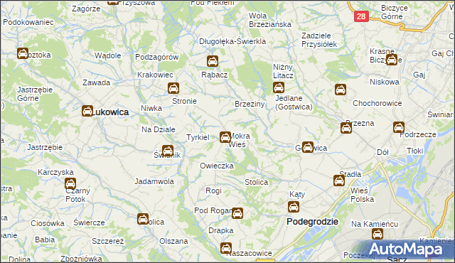 mapa Mokra Wieś gmina Podegrodzie, Mokra Wieś gmina Podegrodzie na mapie Targeo