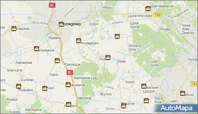 mapa Mysłów gmina Koziegłowy, Mysłów gmina Koziegłowy na mapie Targeo