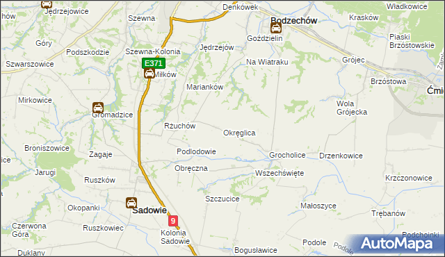 mapa Okręglica gmina Sadowie, Okręglica gmina Sadowie na mapie Targeo