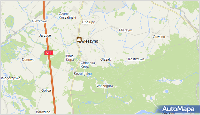mapa Olszak gmina Świeszyno, Olszak gmina Świeszyno na mapie Targeo